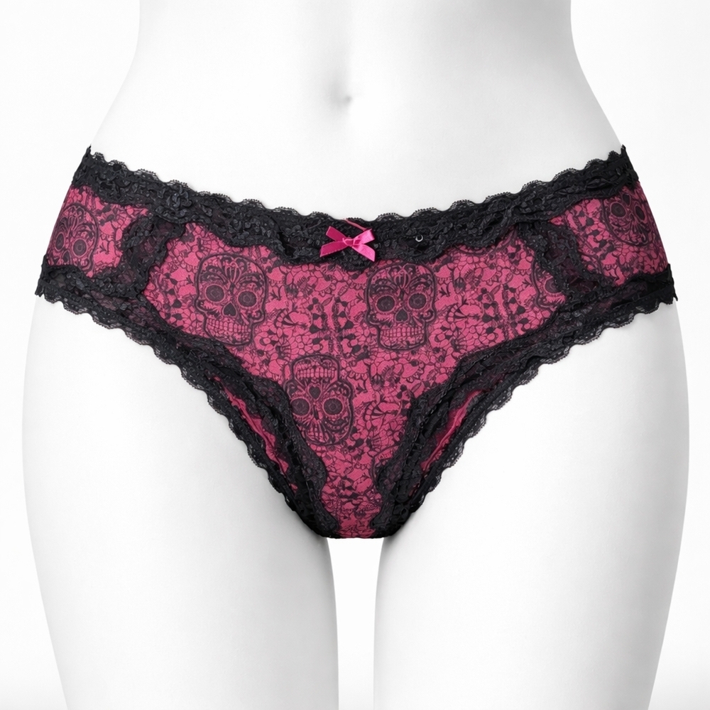 Torrid Satin Cheekster Burgendy & Black Skull Lace Trim Panties New with Tags